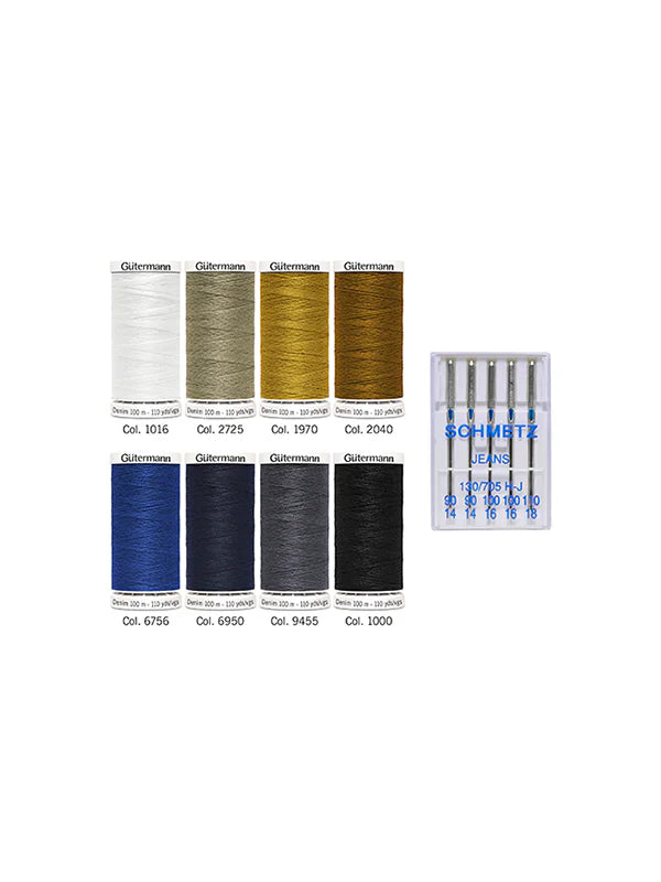 Set 8 bobinas Gütermann especial vaqueros + agujas para Jeans