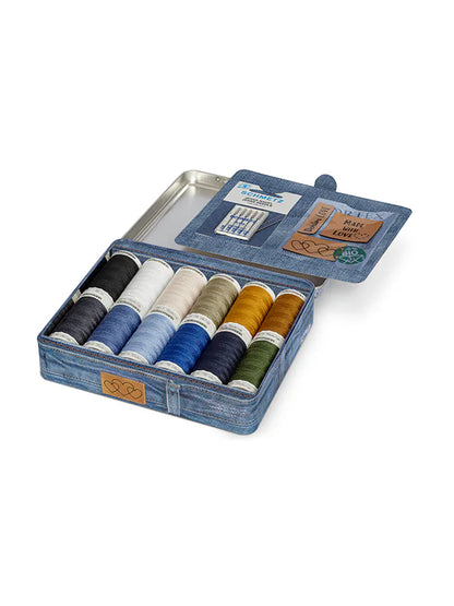 Gütermann-Caja metálica decorativa hilos Denim + agujas + etiquetas cuero