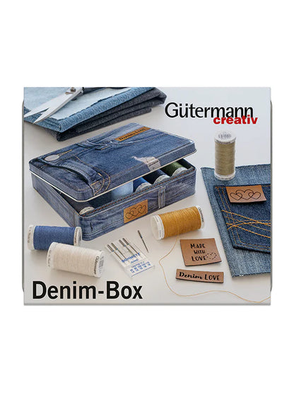 Gütermann-Caja metálica decorativa hilos Denim + agujas + etiquetas cuero