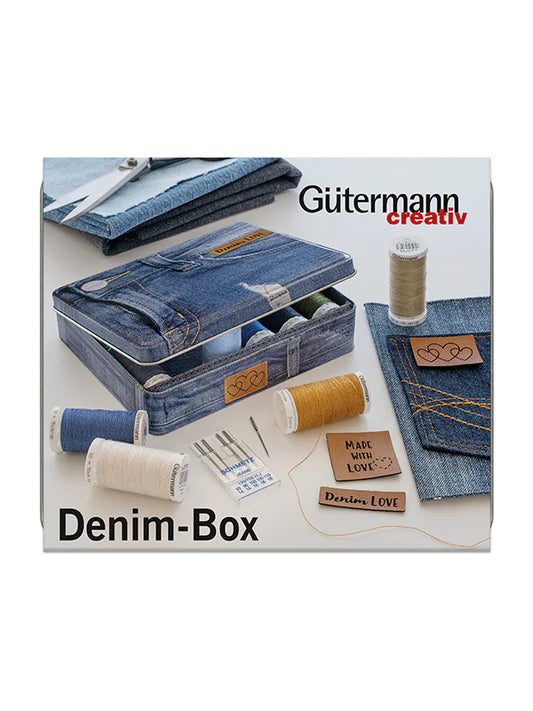 Gütermann-Caja metálica decorativa hilos Denim + agujas + etiquetas cuero
