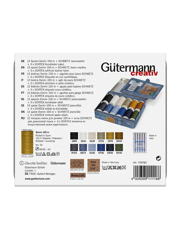 Gütermann-Caja metálica decorativa hilos Denim + agujas + etiquetas cuero