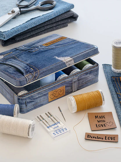 Gütermann-Caja metálica decorativa hilos Denim + agujas + etiquetas cuero